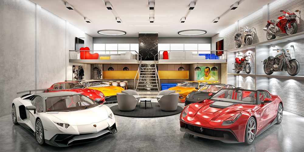 Un garage di lusso con un area relax al suo interno