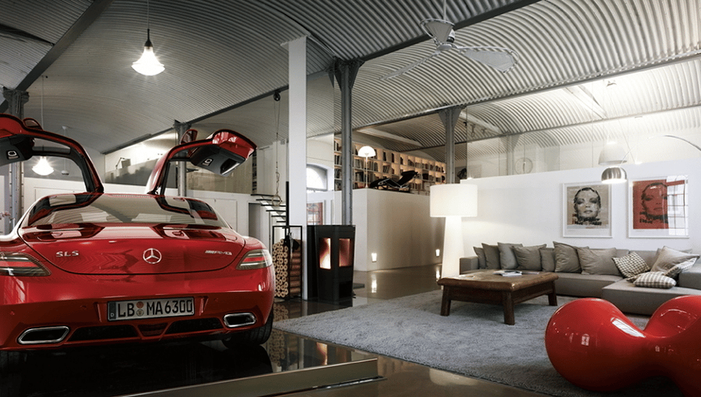 Car in the living room. Incredible luxury garages in the world.